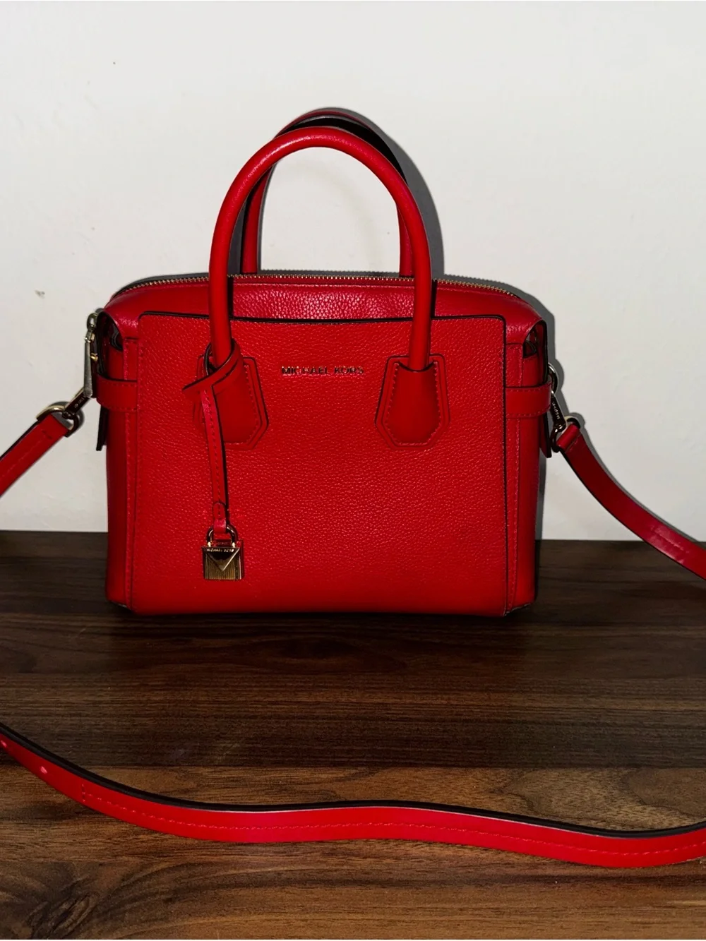 Michael Kors Bright Red Leather Satchel with Gold Hardware